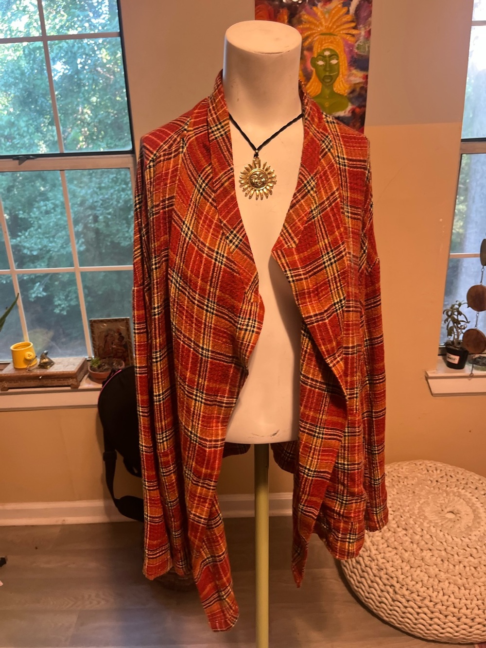 Plaid Open-Front Women’s Sweater Cardigan in Orange boho casual